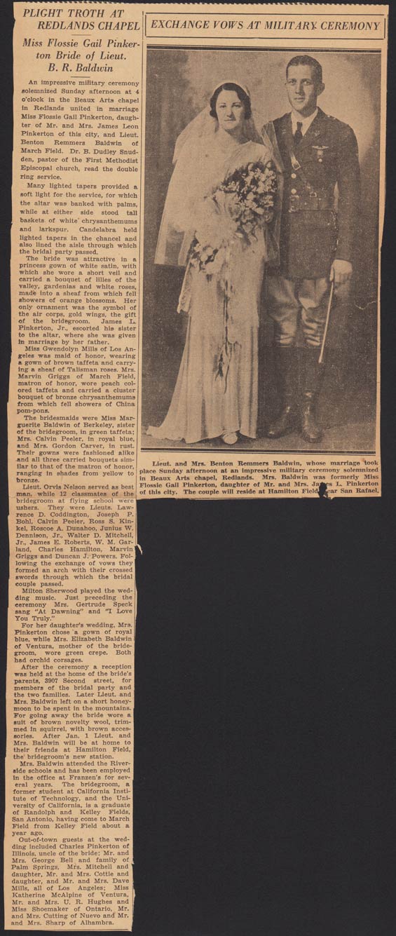 Undated & Unsourced News Article, Pinkerton/Baldwin Wedding, November 25, 1934 (Source: Baldwin)